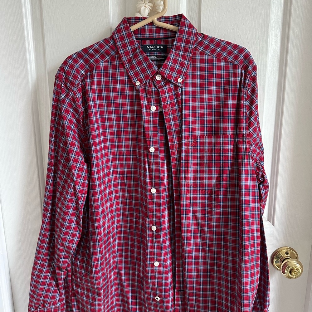 Nautica Red and Blue Casual Button Down Shirt